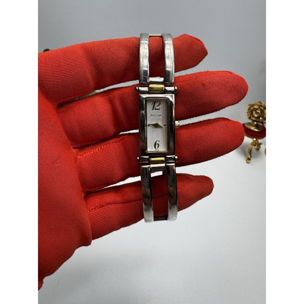 Bulova Quartz T9 Two Tone Silver Gold Rectangular Bracelet Watch 7” Runs